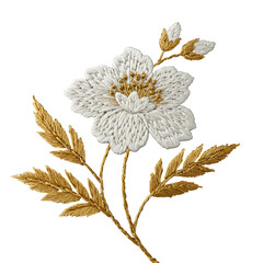Elegant 3D Embroidered Floral Illustration with Gold and White Petals Isolated on Black