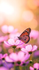 Naklejka premium Butterfly on cosmos flowers in soft light