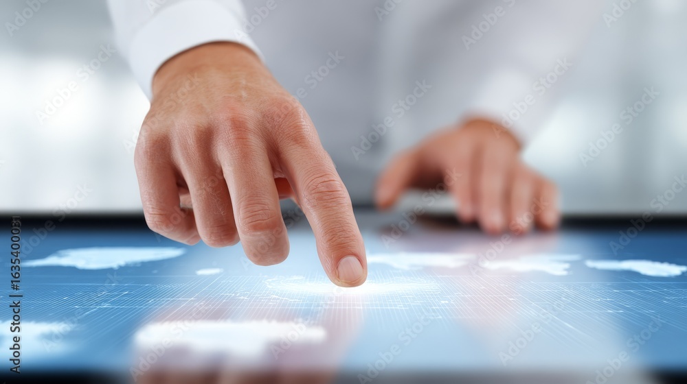 Poster futuristic digital interface with a finger touching glowing screen displaying data analytics, busine