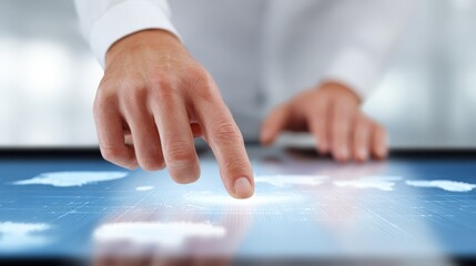 Futuristic digital interface with a finger touching glowing screen displaying data analytics, business intelligence charts, and global network connections for technological innovation.