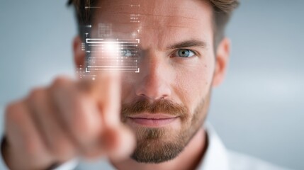 A focused bearded professional wearing white shirt meticulously analyzing complex data streams on futuristic holographic digital interface in high tech environment.