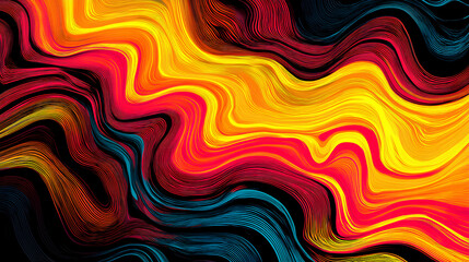 Obraz premium Vibrant red orange yellow blue psychedelic grainy gradient color flow wave on black background, retro music cover dance party poster design Stock Illustration
