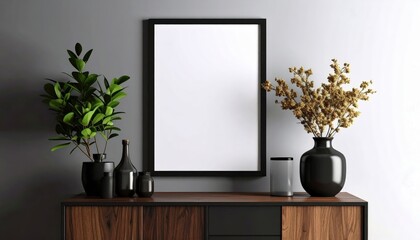 Modern Interior with Blank Frame Plants and Vases on Wooden Cabinet.