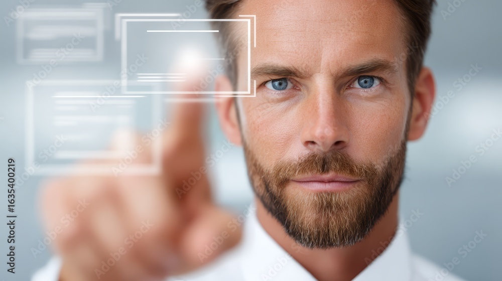 Poster futuristic innovation in business technology, a bearded man interacting with glowing digital interfa