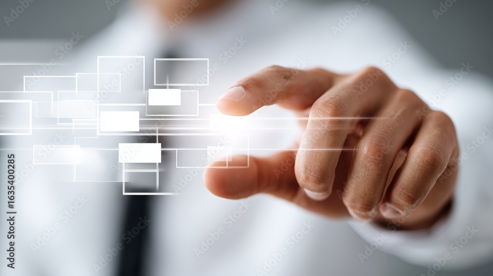 Aufkleber futuristic technology concept showing a human finger touching glowing blue button on modern interact
