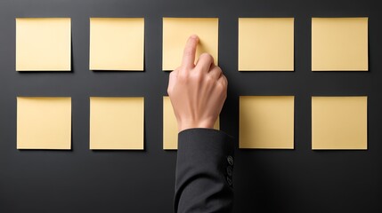 A person's hand reaching over colorful wall of sticky notes during creative brainstorming session, symbolizing organization, planning, and project management in busy office setting.