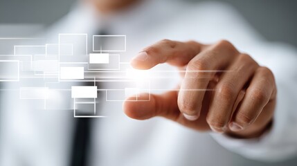 Futuristic technology concept showing a human finger touching glowing blue button on modern interactive digital touchscreen display, symbolizing innovation and user interface.