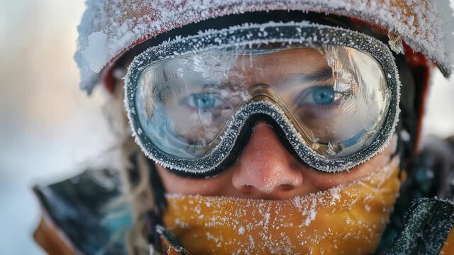 Close-up of a person in snowy conditions with frost on goggles and face, showcasing winter sports attire and focused determination in cold weather