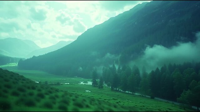 Mist-Shrouded Mountain Vista: The image captures the serene essence of nature. Mountains stand tall, swathed in ethereal mist, while a verdant valley below adds a touch of tranquility.