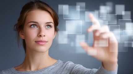 Closeup of a woman's finger pressing glowing blue power button on futuristic digital interface, symbolizing technology, activation, and starting new process or system.