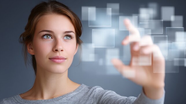Closeup of a woman's finger pressing glowing blue power button on futuristic digital interface, symbolizing technology, activation, and starting new process or system. - Powered by Adobe