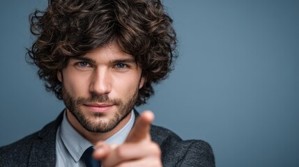Mature bearded businessman in glasses and a blue shirt pointing directly at the viewer with determined expression, symbolizing choice, recruitment, direct address.