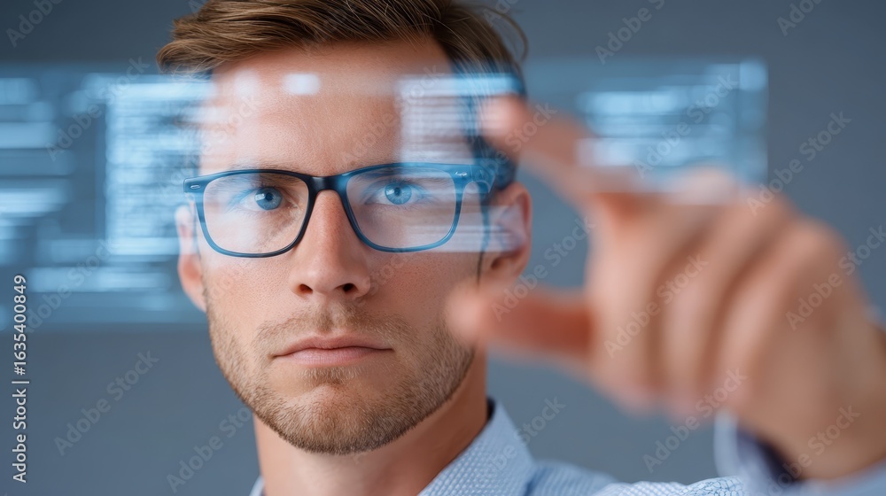 Poster a professional man with beard and glasses intently pointing at glowing digital screen, explaining co