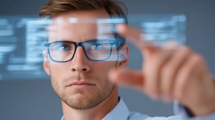 A professional man with beard and glasses intently pointing at glowing digital screen, explaining concept or analyzing data during business presentation in modern setting.