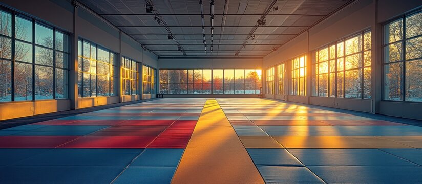 Sunlit empty martial arts dojo with colorful mats and large windows.