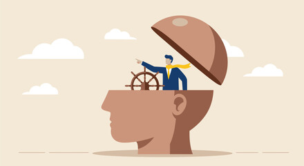 Businessman Navigating Ship in Brain - Concept Illustration