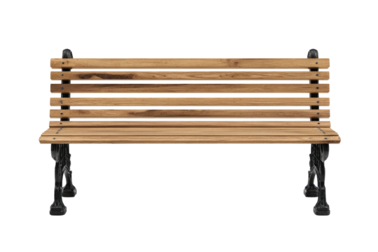 Wooden park bench, light brown wood, dark metal legs