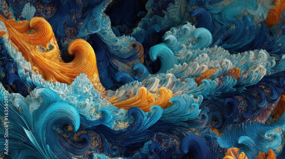 Poster vibrant swirls of blue and orange abstract art with fluid patterns creating a rich textural experien