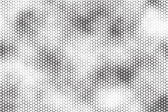 Grunge triangle halftone gradient texture. Faded grit noise background. Sandy gritty wallpaper. Retro pixelated backdrop. Black and white anime or manga comic overlay. Vector illustration.