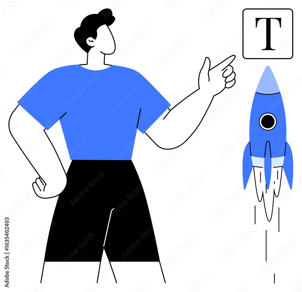 Aufkleber person gesturing towards uppercase text block with a rocket launching beside. ideal for creativity, 