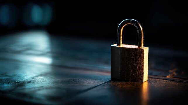 Locked padlock on dark surface; security concept