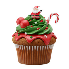 Festive 3D Illustration Of A Christmas Cupcake With Red And Green Decorations
