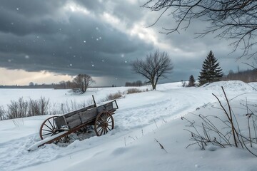 Old cannon abandoned in a snowy landscape under dramatic stormy skies