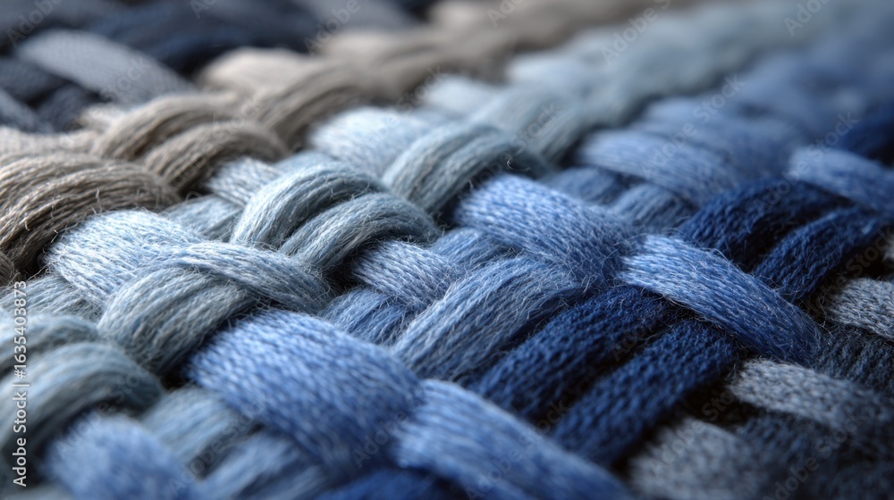 Aufkleber close-up of handwoven textiles featuring soft shades of blue and gray, capturing the intricate patte