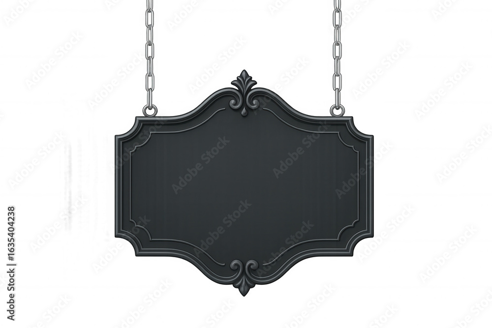 Poster black metal sign with ornate edges hanging on chains against a transparent background, perfect for a