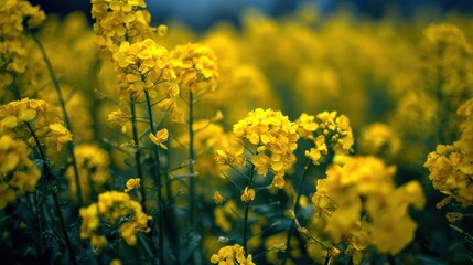 Yellow canola flowers field, spring bloom, rural landscape, nature background, for springtime design
