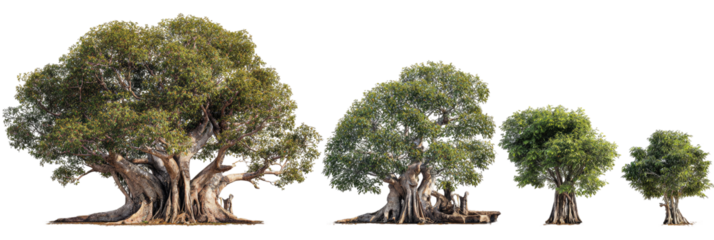 Mature and younger trees in a row, showing growth stages