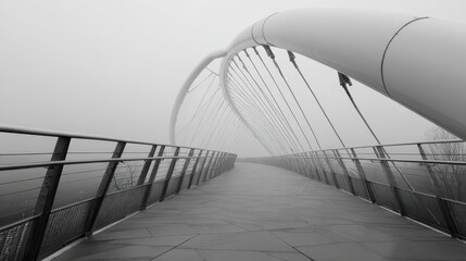 Obraz premium Misty Bridge Path, Modern Architecture, Foggy Day, Walking, Urban