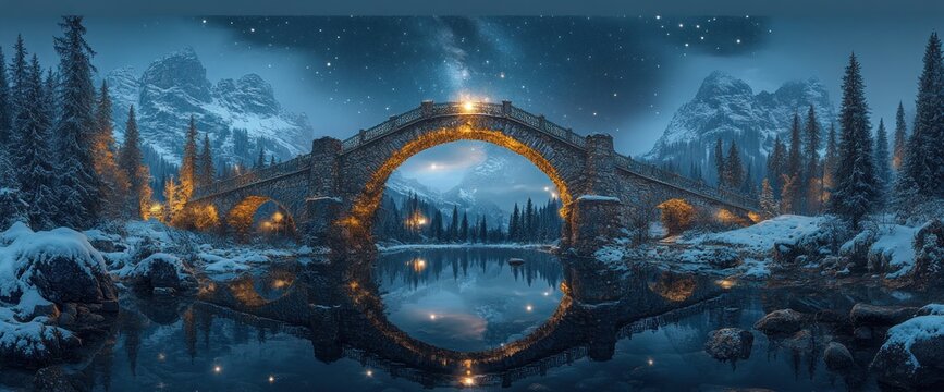 Enchanting stone bridge spanning a serene, snow-covered winter lake, mirrored perfectly in the still water under a starry night sky - Powered by Adobe