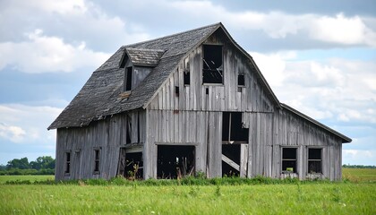 Fototapeta premium Rustic grandeur, weathered barn on expansive green field under cloudy summer skies