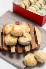 Bakpia pathok or bakpia pathuk. round shaped indonesian sweet rolls. originated from yogyakarta, indonesia.