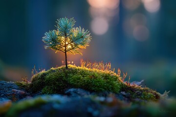 Small pine plant growing through cracked concrete surface with bright sunlight shining behind, symbolizing resilience and new life.