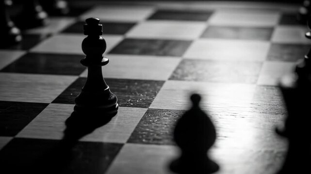 Dramatic Black and White Chessboard with Towering Chess Piece on Wooden Surface With Strategic Shadowing and Detailed Textures