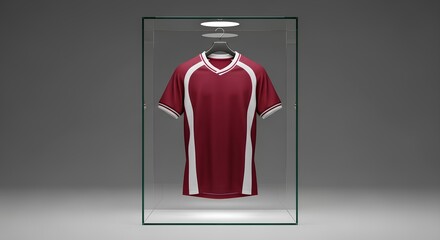 A blank maroon and white sports jersey mockup suspended in an illuminated glass display case. 3D template for team apparel and merchandise presentation.