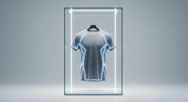 The future of athletic apparel concept. A premium performance t-shirt displayed in a futuristic, illuminated glass box. - Powered by Adobe