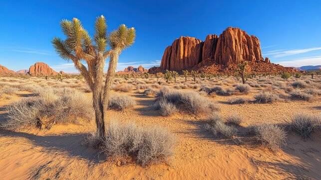 Desert landscape with Joshua trees and red rock formations under a clear blue sky