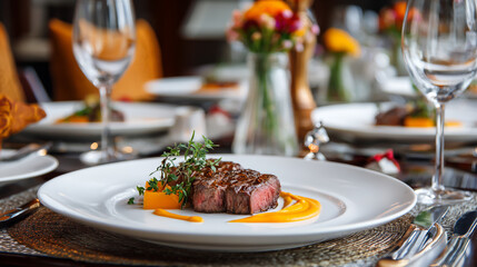 Gourmet steak dinner with elegant table setting and floral centerpiece