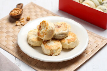 Bakpia pathok or bakpia pathuk. round shaped indonesian sweet rolls. originated from yogyakarta, indonesia.