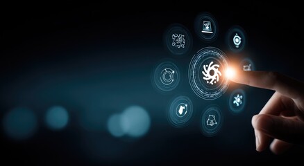 Finger touches digital icons, futuristic interface