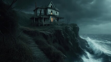 Haunted Cliffside Mansion at Night Under Stormy Skies