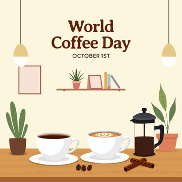 World Coffee Day October 01st with a cup coffee and cappucino on the table in cafe scene