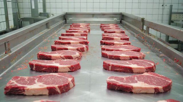 Fresh raw beef steaks moving along a conveyor belt in a meat processing plant for packaging