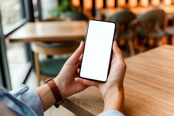 Close-up of a woman hand holding a smartphone white screen is blank the background is blurred restaurant.