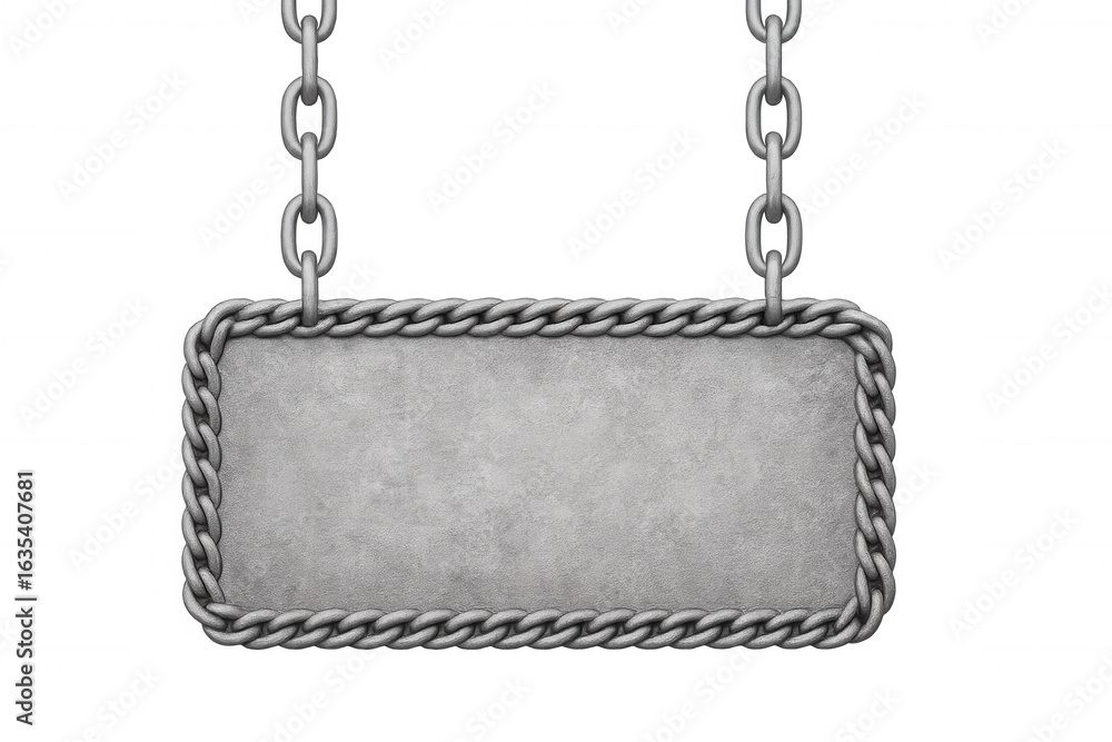 Poster Empty metallic sign with braided frame hanging from two chains on a transparent background, ideal for adding custom text or designs
