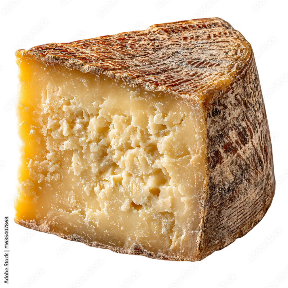 Poster a close up view of a triangular piece of cheese with a rough textured rind isolated on transparent b