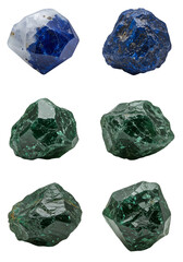 Collection Of Gemstone Crystals in Blue and Green Colors on Isolated Black Background